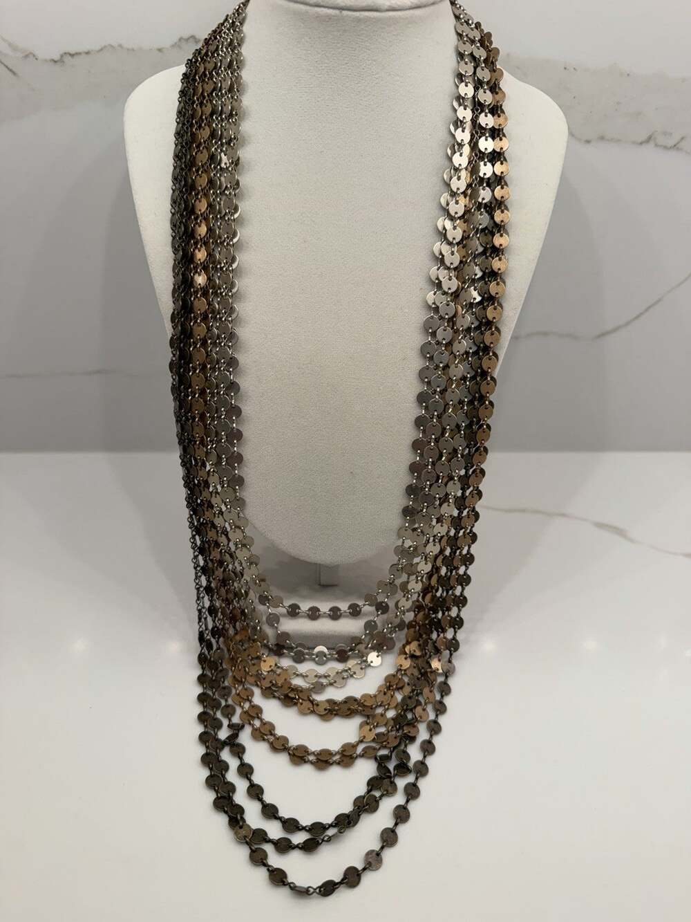 Chico’s Multi Strand Disc Necklace Mixed Metal Layered Statement Boho Jewelry